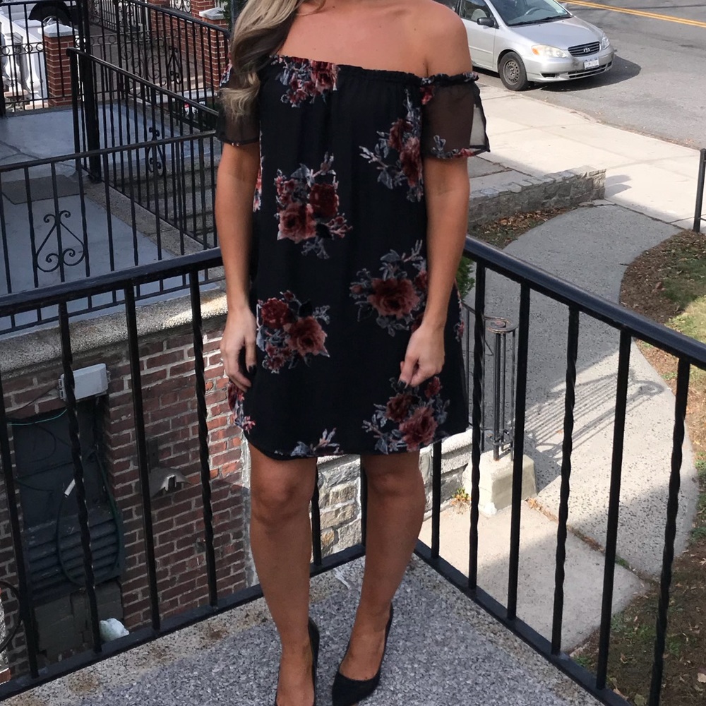 Black and maroon floral off the shoulder dress
